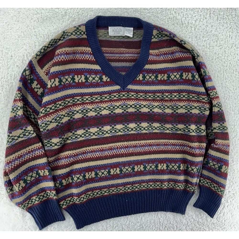 vintage SEARS‎ MEN'S STORE FAIR ISLE KNIT V-NECK Sweater BOXY Medium Geometric